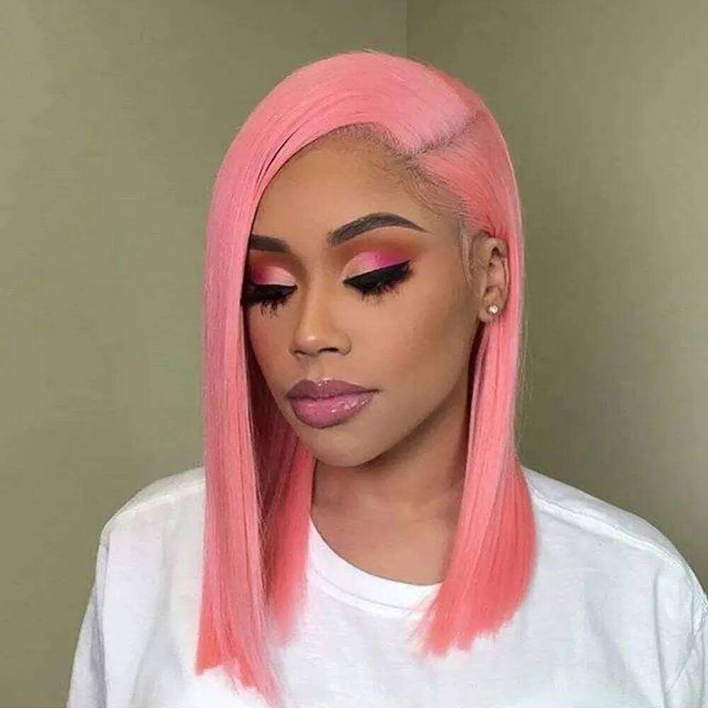 Short Bob HD Transparent Light Pink Synthetic Wig Preplucked Lace Frontal Wigs Brazilian Virgin Human Hair 14 10 Inch