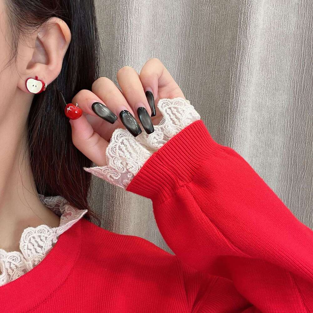 Flocked Ancora Red Apple Autumn Winter Cute Sweet Fun Design Elegant Versatile New Year Earrings 171