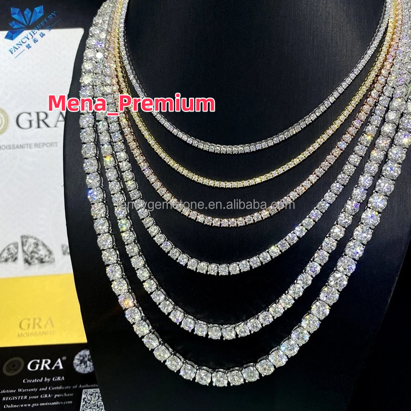 Long Necklace Big Size Moissanite D VVS Diamond 2mm 3mm 4mm 5mm 6.5mm 925 Sterling Silver Plated 18K Gold Tennis Necklace