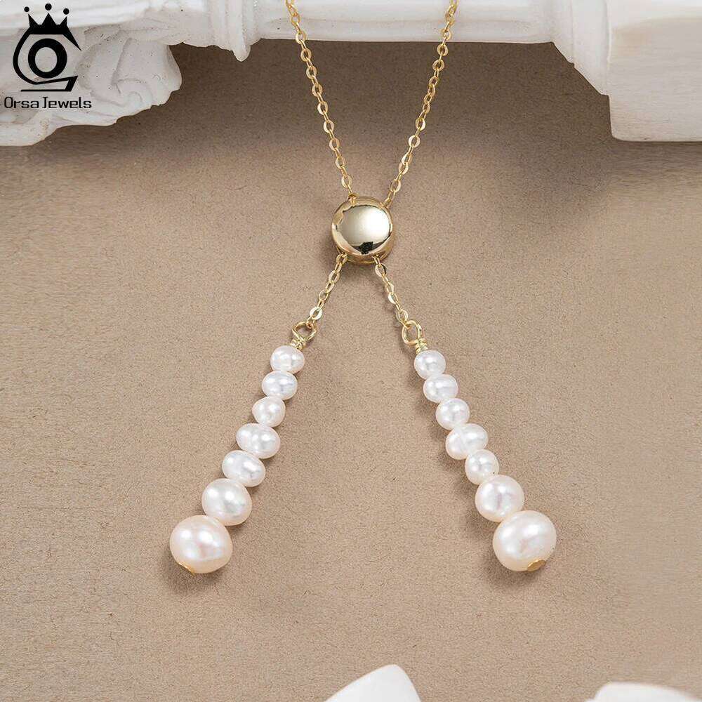 ORSA JEWELS 14K Gold Plated Minimalist Freshwater Neckalce Beads Pearl Pendant Chain Temperament Jewerlry GPN41