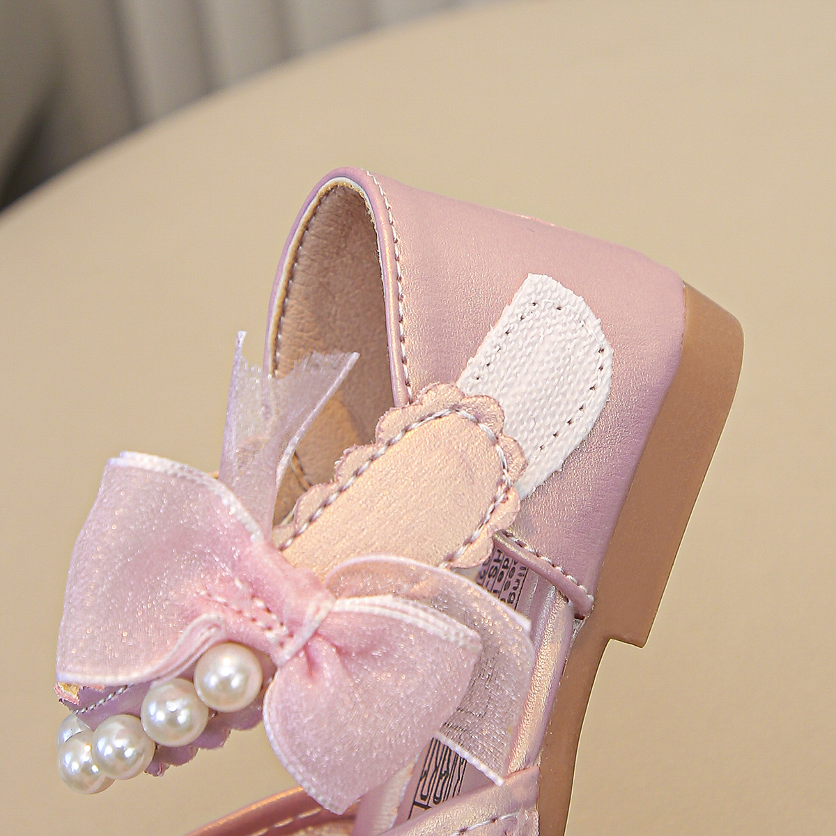 Girls Pink Lace Princess Shoes Pearl Trip Strap Bow Sweet Flower Sandals