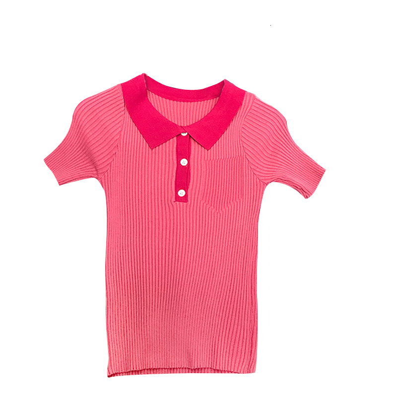 2025 Women's S Retro Short Sleeve Collar Slim Fit Versatile Fine Stripe Ice Silk Knitted Shirt Slim Fit Women's New Designer T-shirt