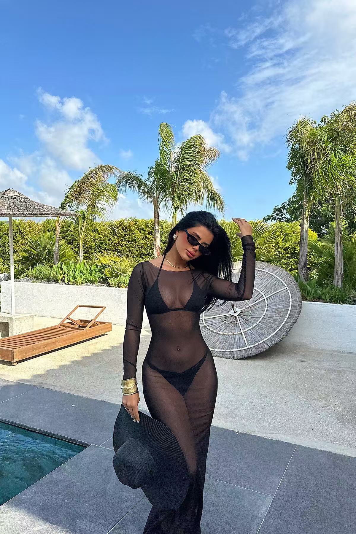 2025 Summer New European and American Style Sexy Women's Clothing, Slimming Mesh See-Through Off-the-Shoulder Long Sleeve Long Dress for Hot Girl