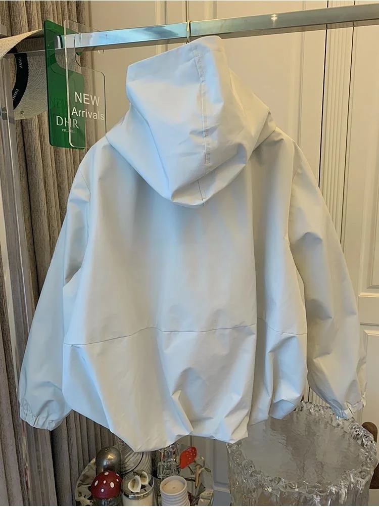 Unique Women Spring Autumn Hooded Short Jacket Casual Drawstring Pocket Windbreaker Loose Zipper Basic Coat 250728
