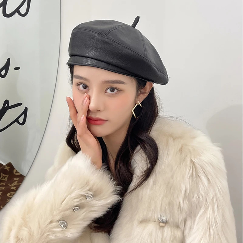 Spring/Winter 100% Real Leather Beret Hat Women Fashion European Pumpkin Painter Caps Female Rainbow Black Thin Boina 250730