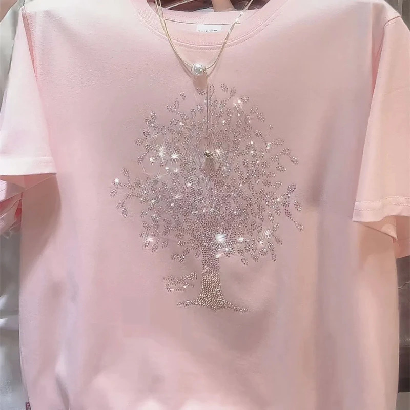 2025 Womens Round Neck Diamonds Printed Tshirts Summer Fashion Commute Cotton Solid Loose Short Sleeve Casual Tops 250724