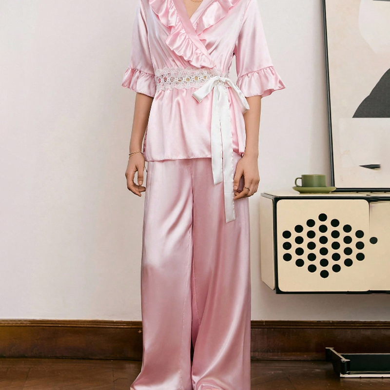 2025 New Women's Spring/Summer Silk Color Lace Openwork Tie-up Short Sleeve Long Pants Pajama Set Homewear