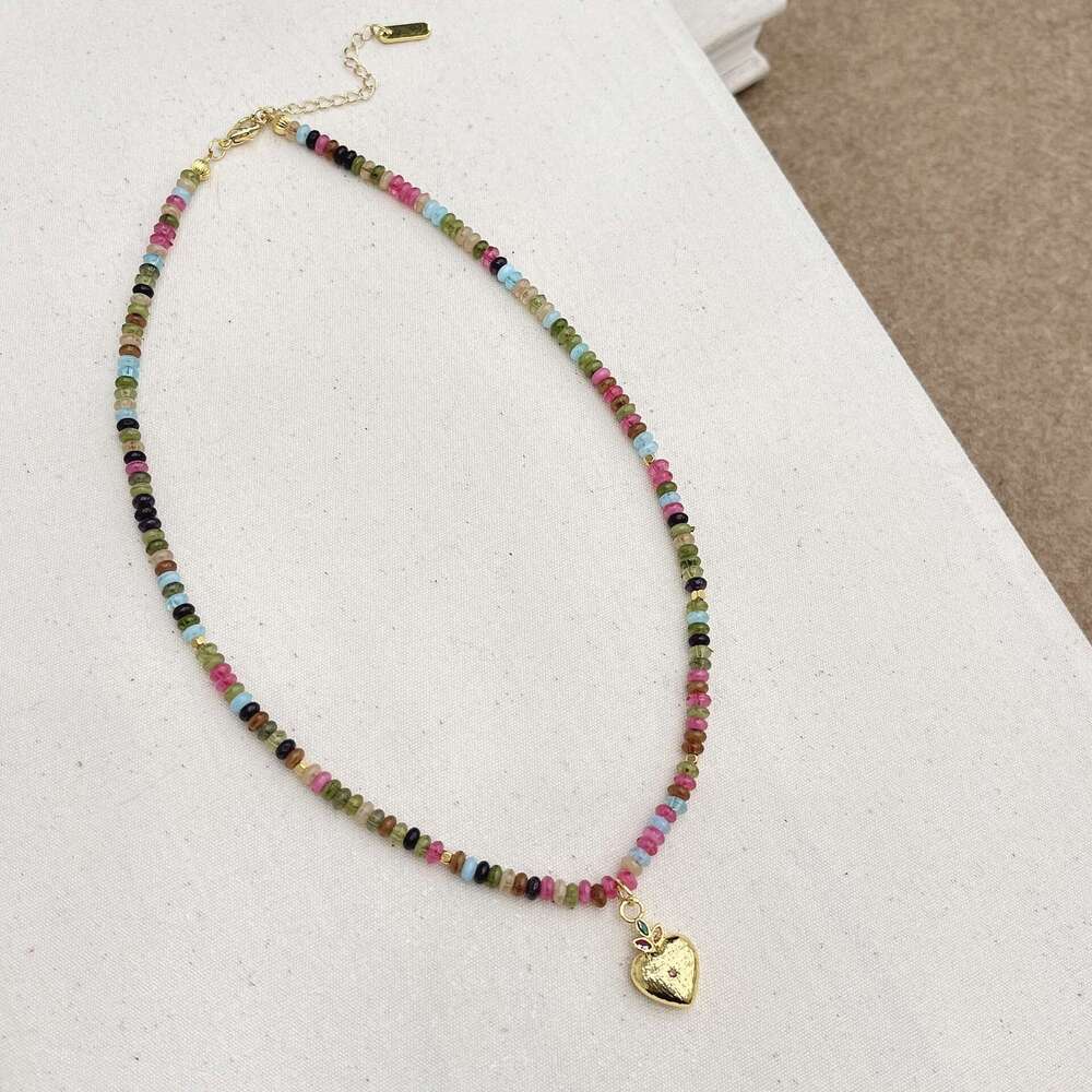 New Chinese Style Colorful Beaded Heart Pendant Stone Set Necklace Dopamine Collarbone Chain High-End Personality Fashion e2b