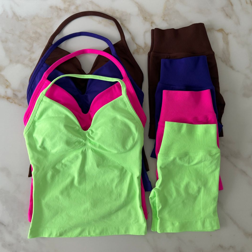 New Yoga Shorts Set Women Seamless Yoga Set Fitness Clothing Scrunch Bum Gym Shorts Padded Tank Top Workout Vest Longline Outfits Sportswear Tracksuit