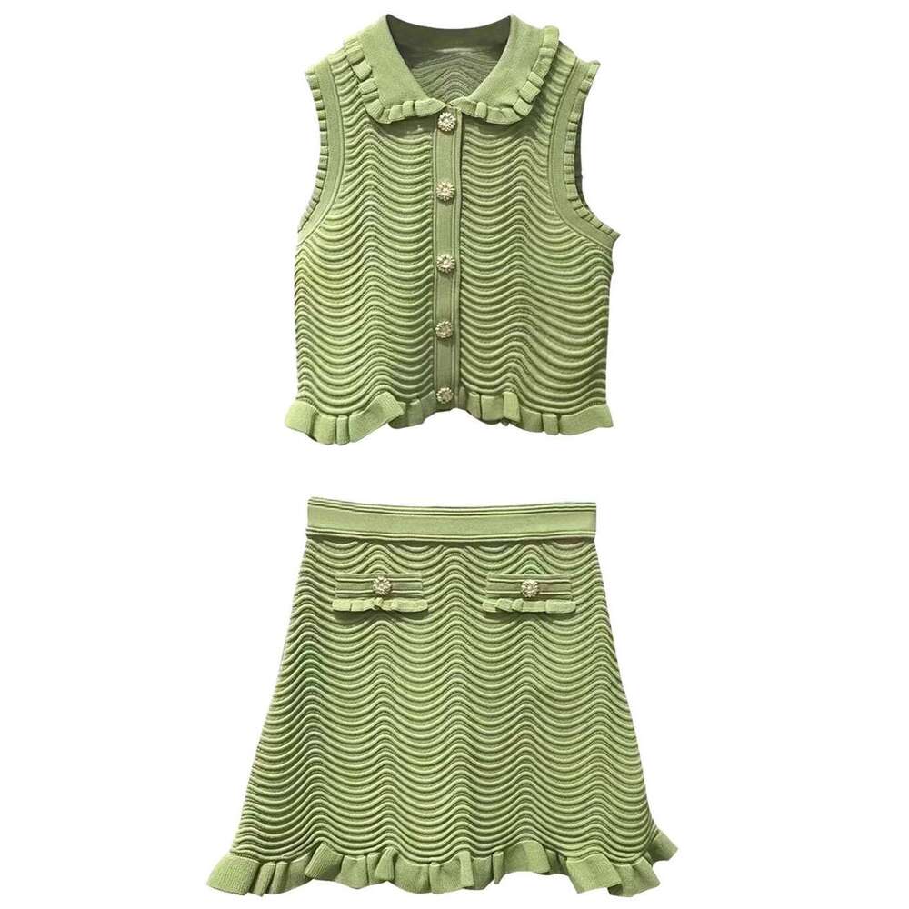 Designer Clothing 2025 Women's Set Turn Down Collar Single Breasted Slim Casual Sleeveless Tanks Top Or High Waist Knitted Skirt