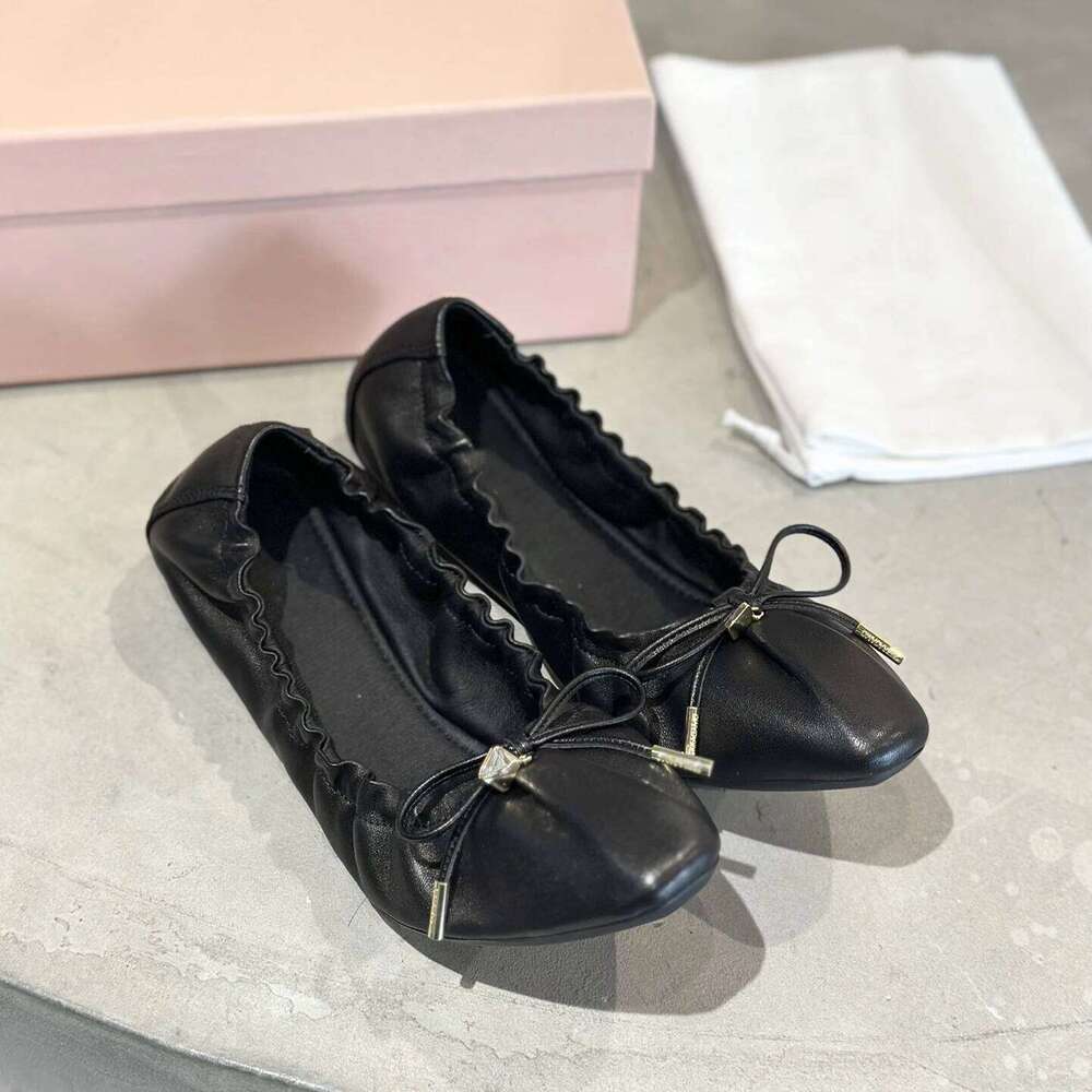 Women Genuine Leather Ballet Flats Butterfly Knot Denim Round Toe Slip On Solid Colors Designer Shoes Zapatillas De Mujer c88