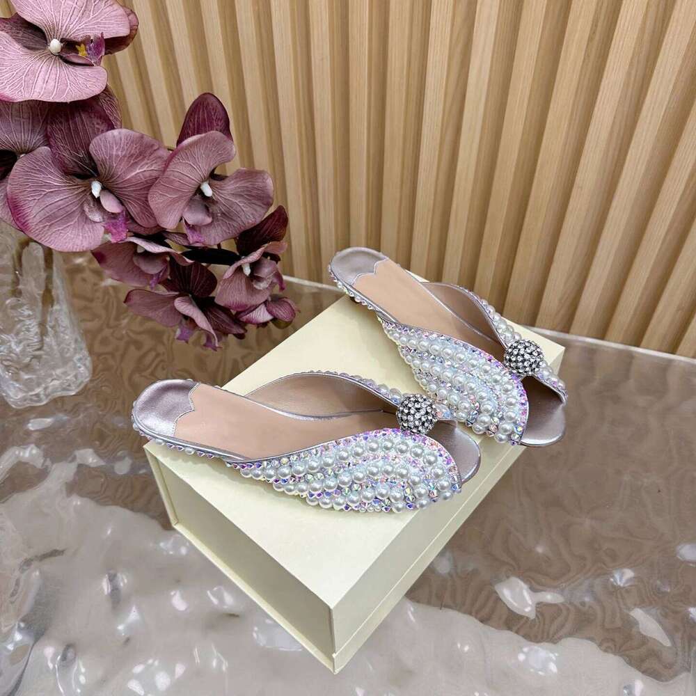 Women Size34-42 Genuine Leather Slippers Low High Heels Pearl Crystals Summer Slides Designer Shoes Zapatillas De Mujer 52c