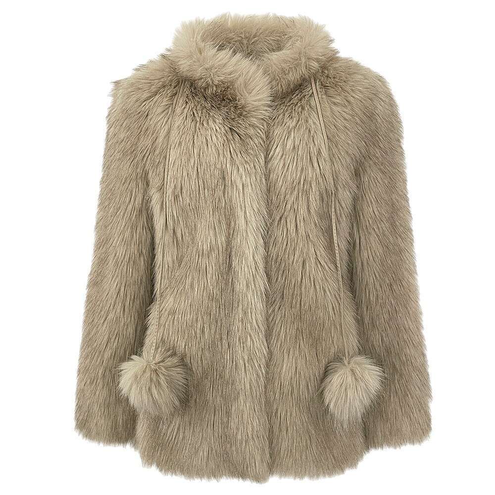 Women's Clothing Faux Fox Fur Coat For Women With Pom-Pom Details, Cute And Stylish, Thickened Warm Fuzzy Jacket, Mid-Length Outerwear, Coffee Be