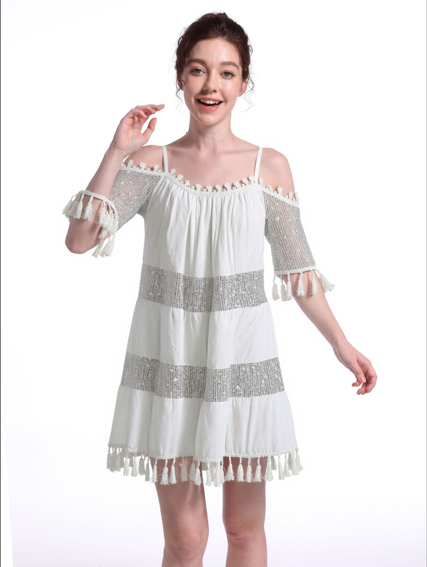 K730Cross-border sequined women's dress foreign trade new style suspenders short mid-length skirt sequined women's clothing