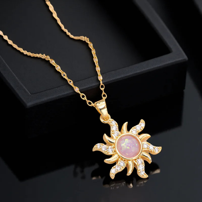 Pink Resin White Opal Sun Flower Pendant Necklaces For Women Vintage Gold Color Stainless Steel Chains Jewelry Mothers Day Gift 250729
