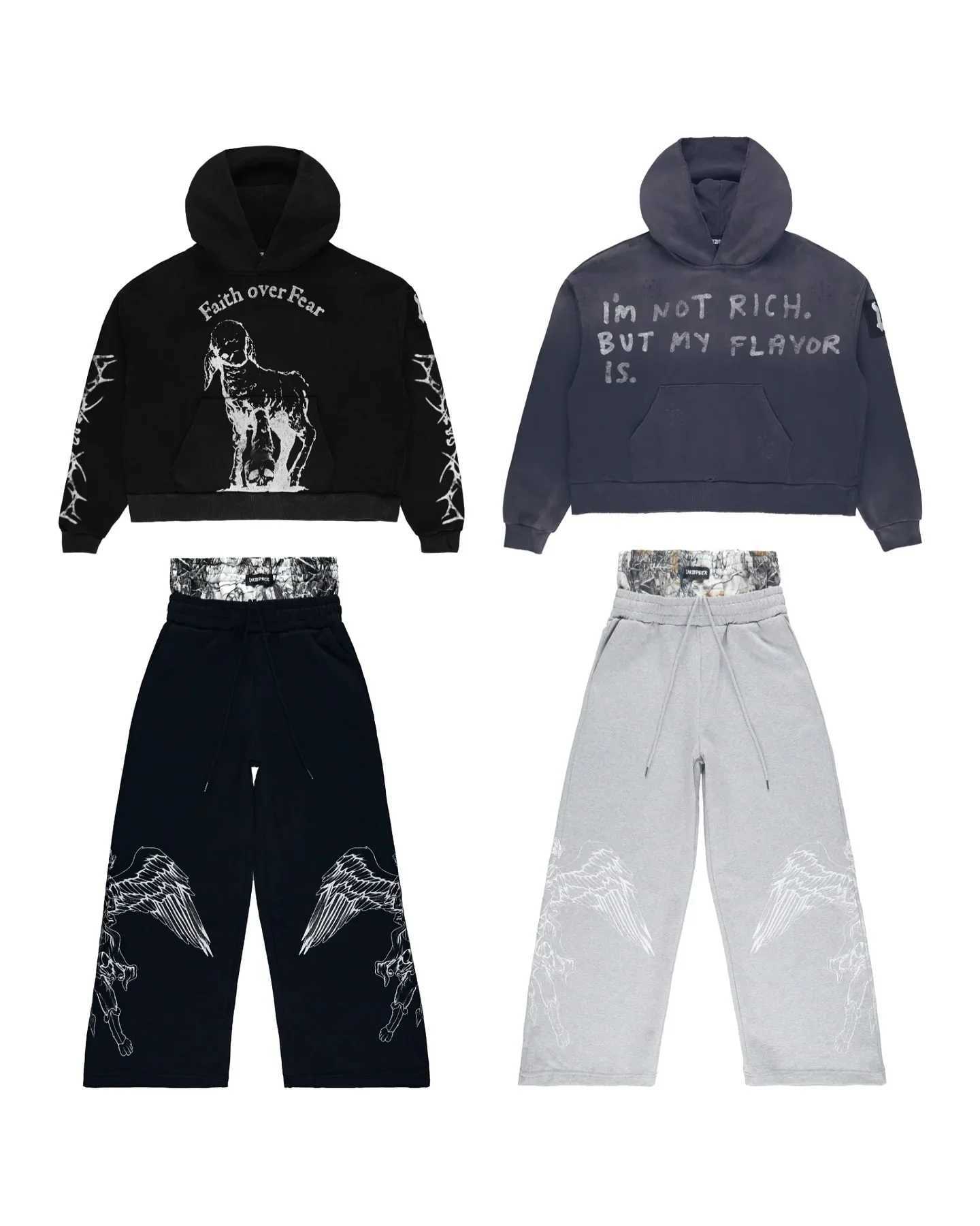 2K Retro Hip Hop Sweatshirt Sweatpants 2-Piece Set Double Waist Patchwork Drawstring Sports Pants Tracksuit Men Print Hoodie Suit XJ250731
