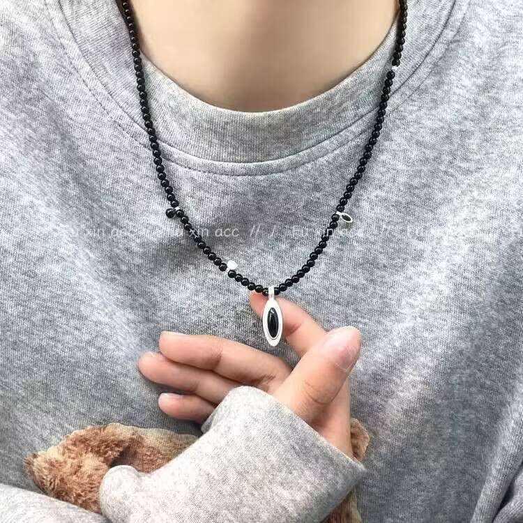 Black Onyx Beaded Korean New Necklace Fashion Versatile Sweet Cool Style Sweater Niche Design High-end Neck Chain b59