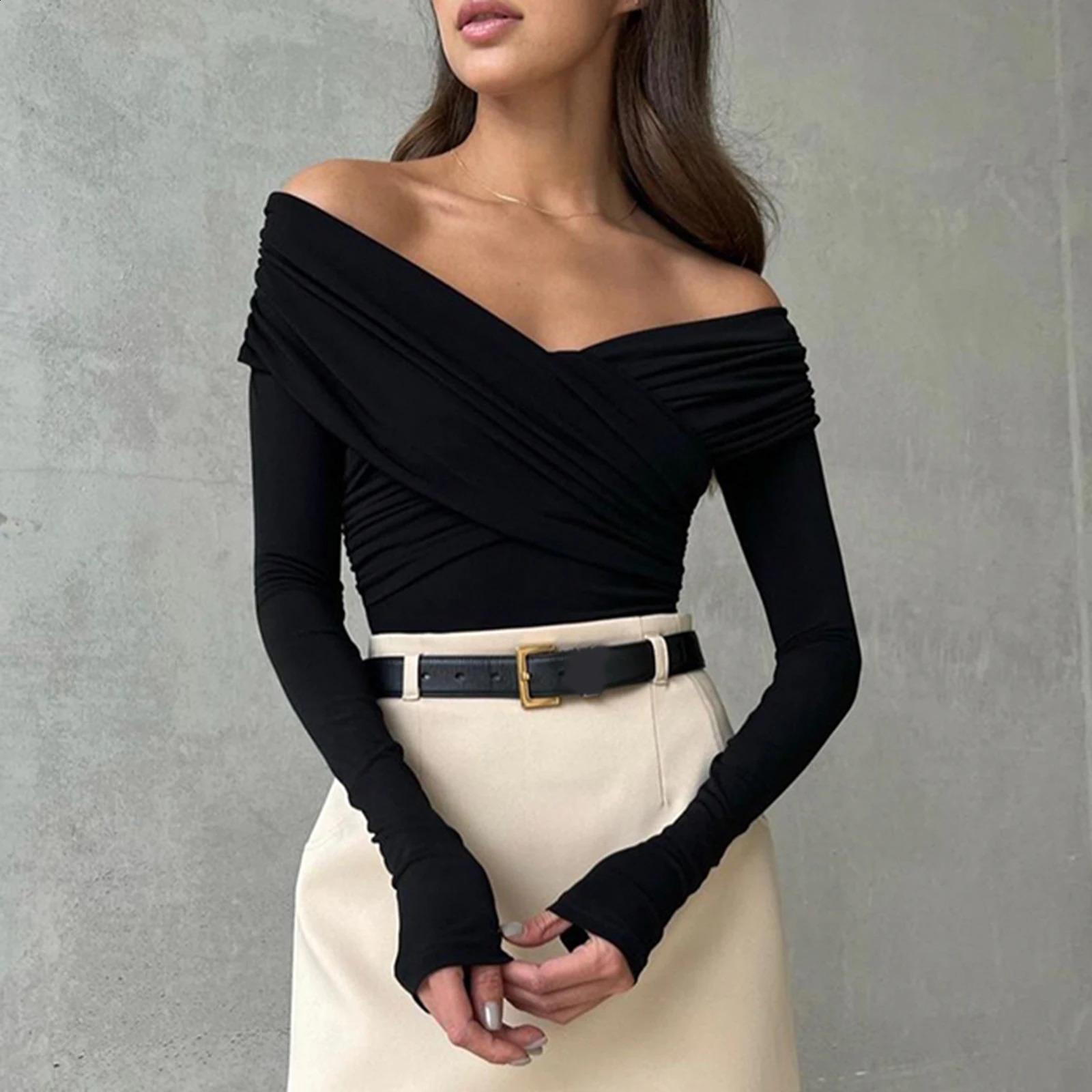 Women Off Shoulder Shirts Short Shirts Fashion Front Cross Long Sleeve Slim Fit Tops Ladies Clothing Clubwear Female Streetwear 250725