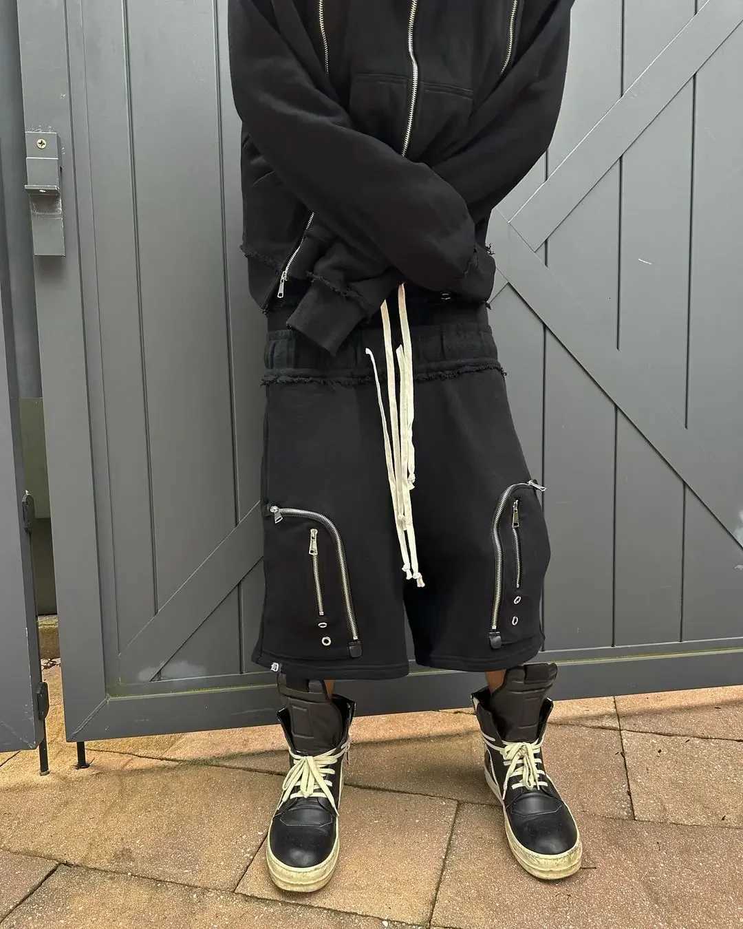 Gray Casual Zipper Hooded Sweatshirt Trousers Zipper Pocket Suit American Hip Hop Fashion Trend Mens Sportswear XJ250731