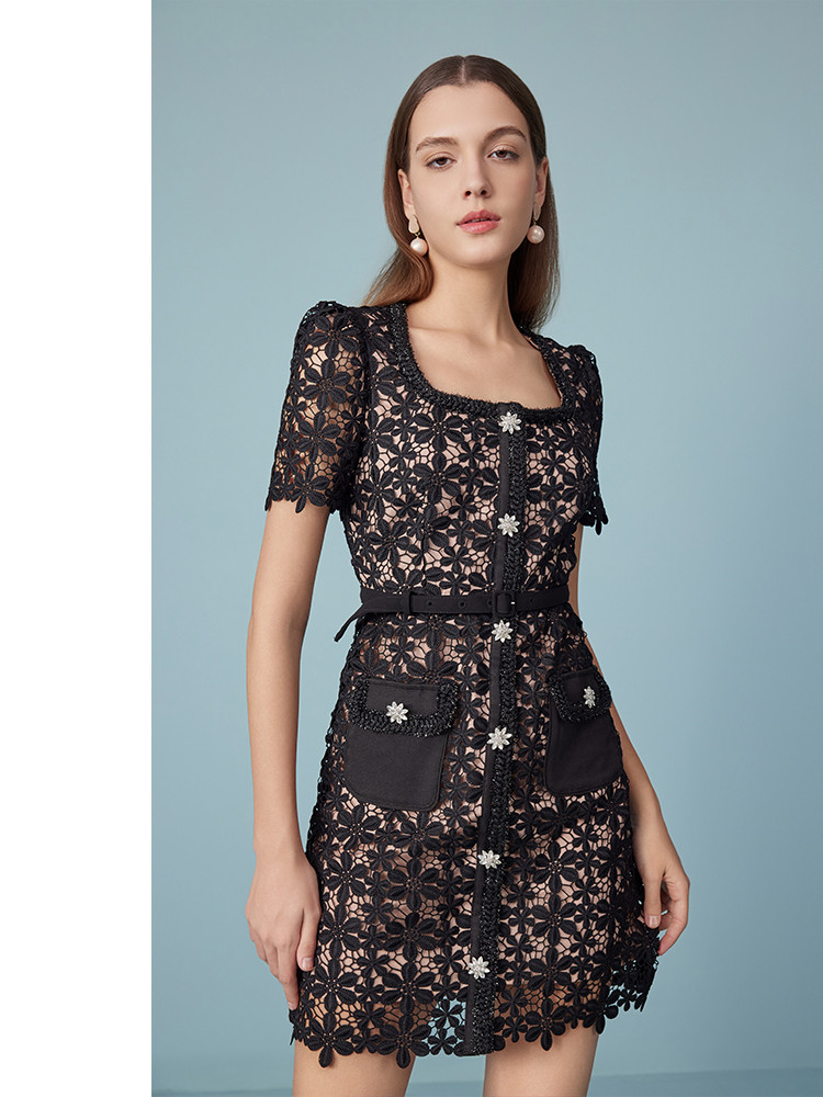 Women Black Lace French Hollow Slim Skirt Square Neck High Waist Belt Breasted Lace Pocket Dress 6116459