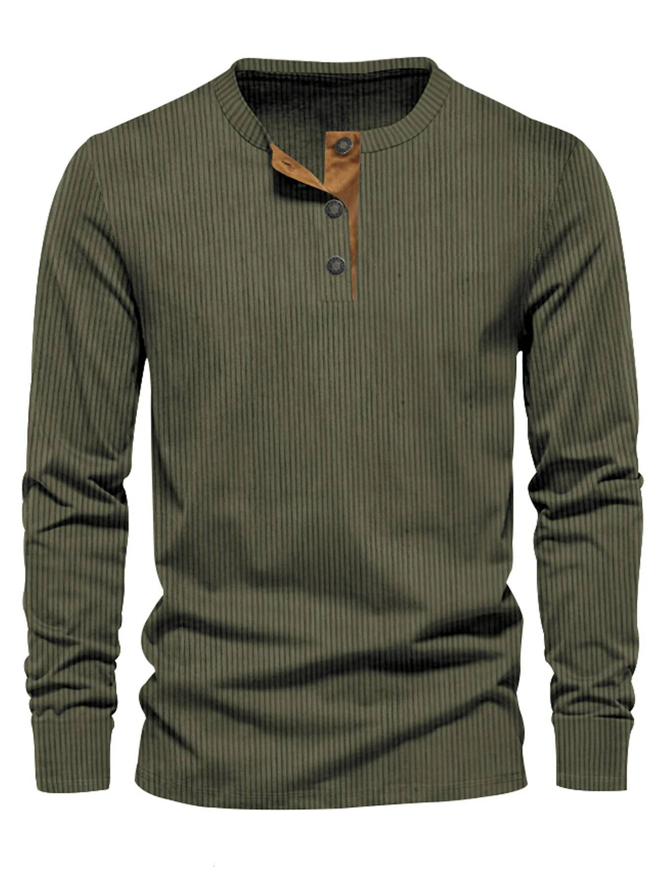 2024 Spring and Autumn New Cross-border Men's Independent Station Corduroy Casual Henry Slim Solid Color Long Sleeve T-Shirt