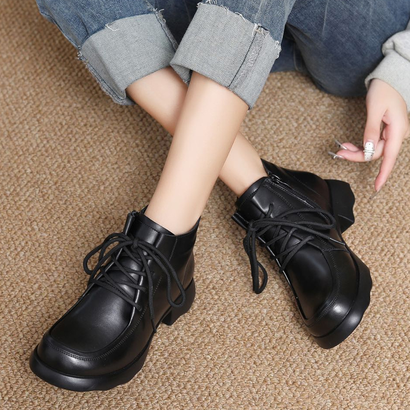 Retro Martin Boots Women's 2025 Winter New Style Chunky Heel Lace-Up Short Boots Low-Top Leather Boots Mom Shoes Thickened Warmth