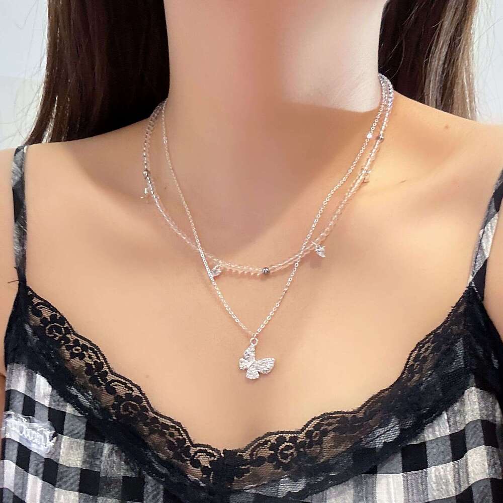 Fashion Simple Broken Sier Pearl Butterfly Tassel Pendant Crystal Beaded Necklace Niche Light Design Sense Collarbone Chain 3c1