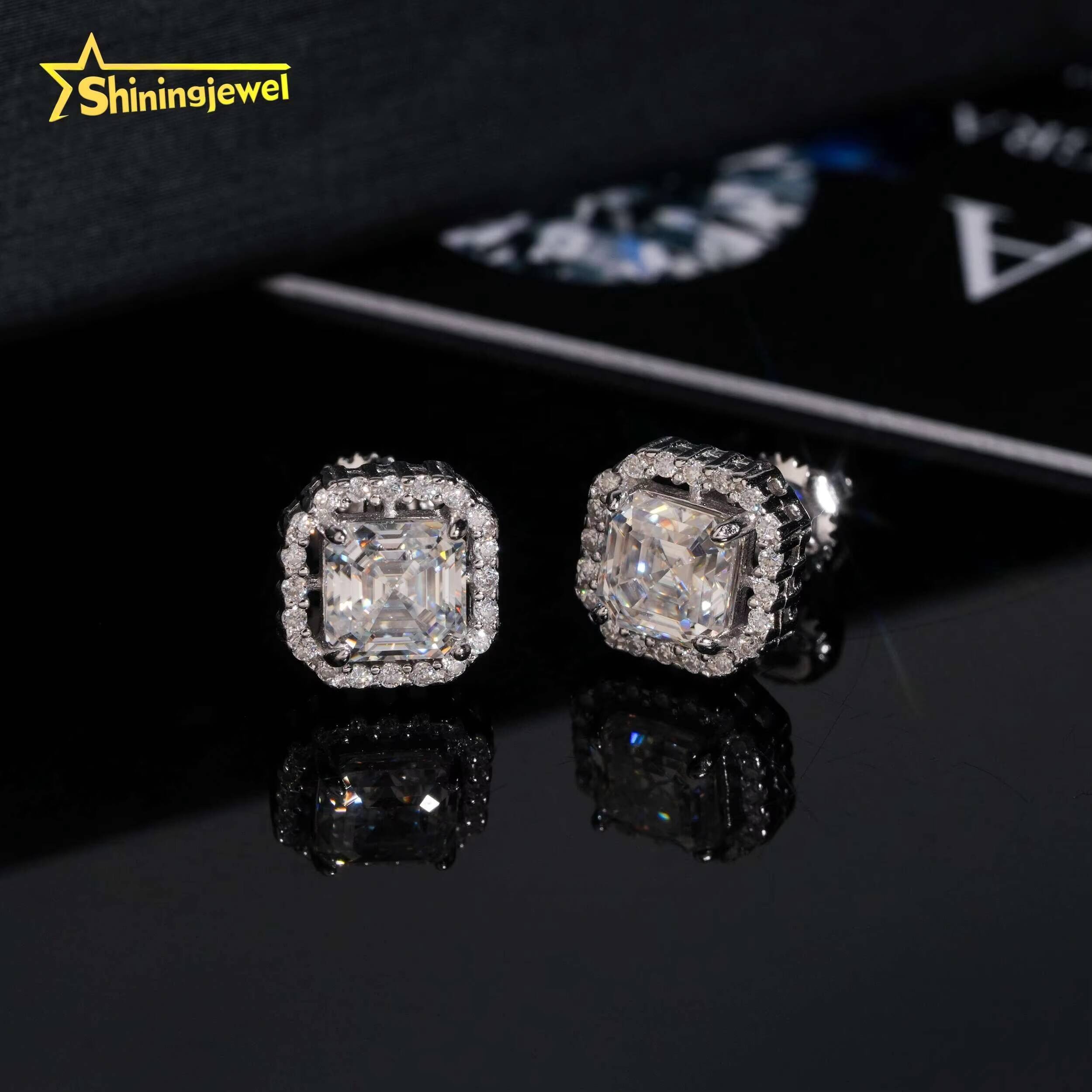 GRA Certified Hip Hop Moissanite Diamond Asscher Cut 5*5mm Halo Square 925 Sterling Silver Earrings