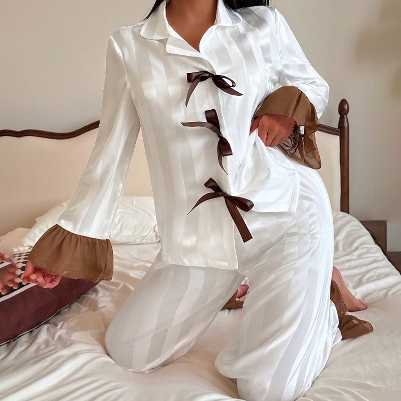 2025 New Women's Spring and Autumn Silk Colorful Wide Striped Color Block Lace Bow Long Sleeve Long Pants Pajama Set