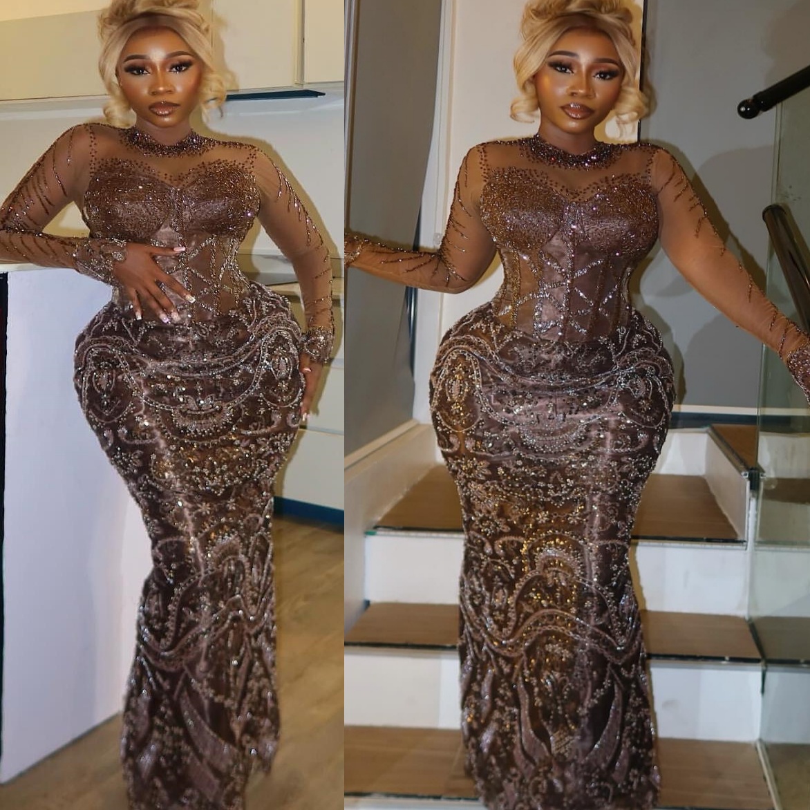 Brown Sheath Prom Dresses 2025 Illusion Beaded Crystals Sparkly Evening Formal Party Second Birthday Engagement Gowns Plus Size Dress For Special Occa
