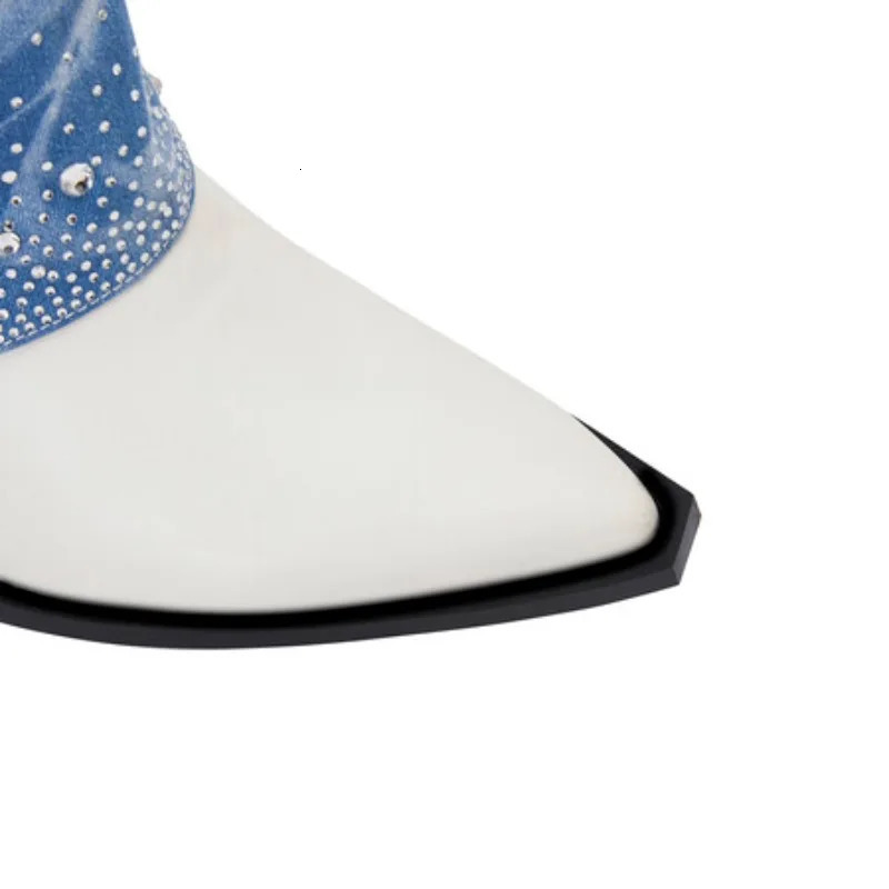 Internet Celebrity Rhinestone Denim Chelsea Boots Color Pointed 6cm Thick Heel Boots Rural Holiday Womens Shoes 35-43 250729