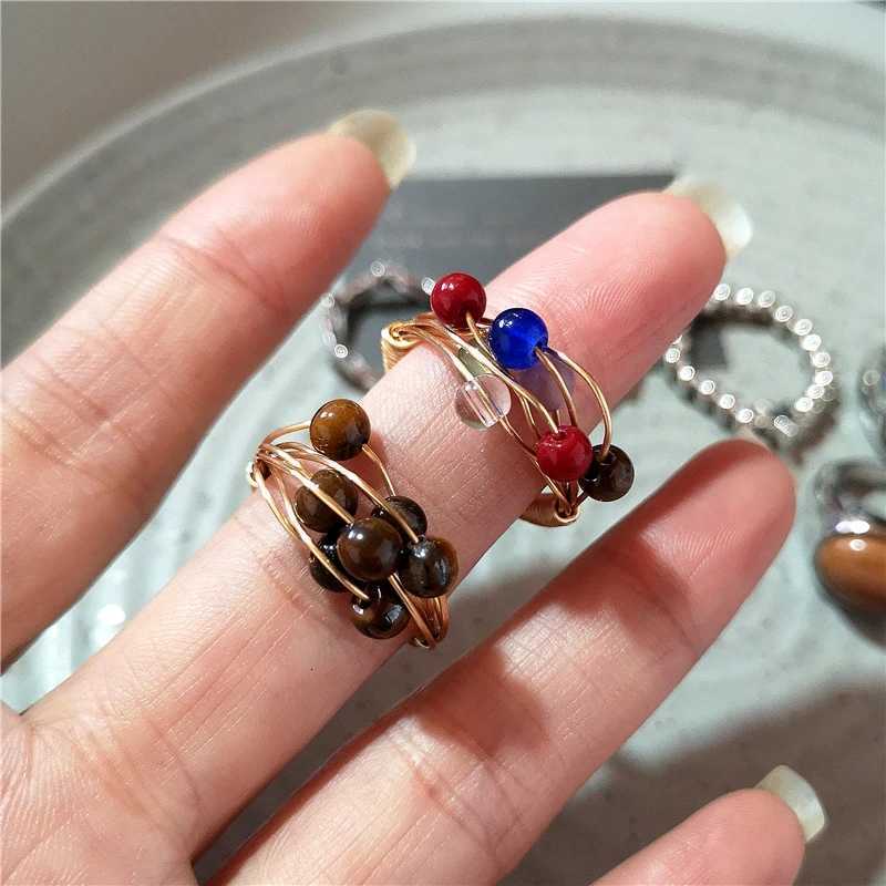 New Fashion Vintage Brown Spotted Tiger Eye Stone Rings For Women Silver Color Irregular Round Open Ring Aesthetic Jewelry Gift y250730