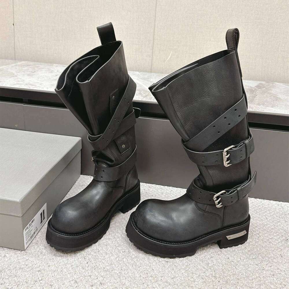 Women Size35-45 Genuine Leather Couple Med Heels Knee High Boots Flat Platform Designer Shoes Zapatillas De Mujer 112