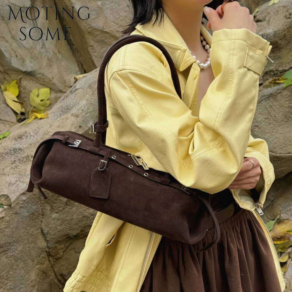 Motingsome Designer Bags Suede Genuine Grade Women Satchel Retro French Bread Shape Messenger Tote 2025 New in Handbagluxury bag tote bag