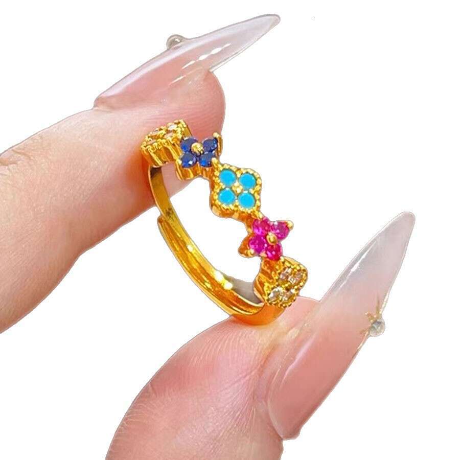 Lucky Colorful Four-Leaf Clover Women's Trendy Unique Light Luxury Summer Sweet Dopamine Rainbow Ring Exquisite