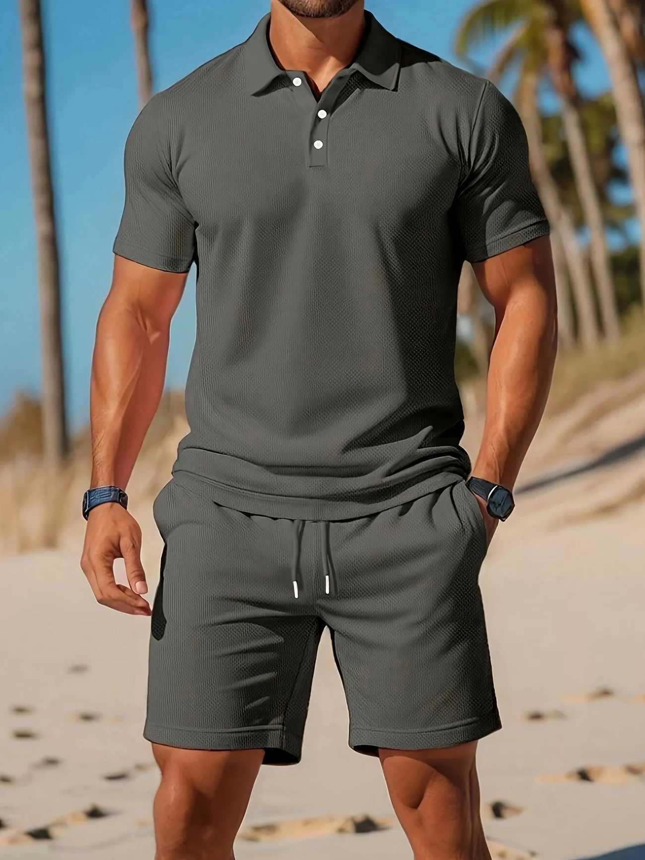 New Mens Business Casual Beach Sports Two-piece Set Drawstring Elastic Waist Sports Shorts Set Button Access Control Lapel Tops XJ250731