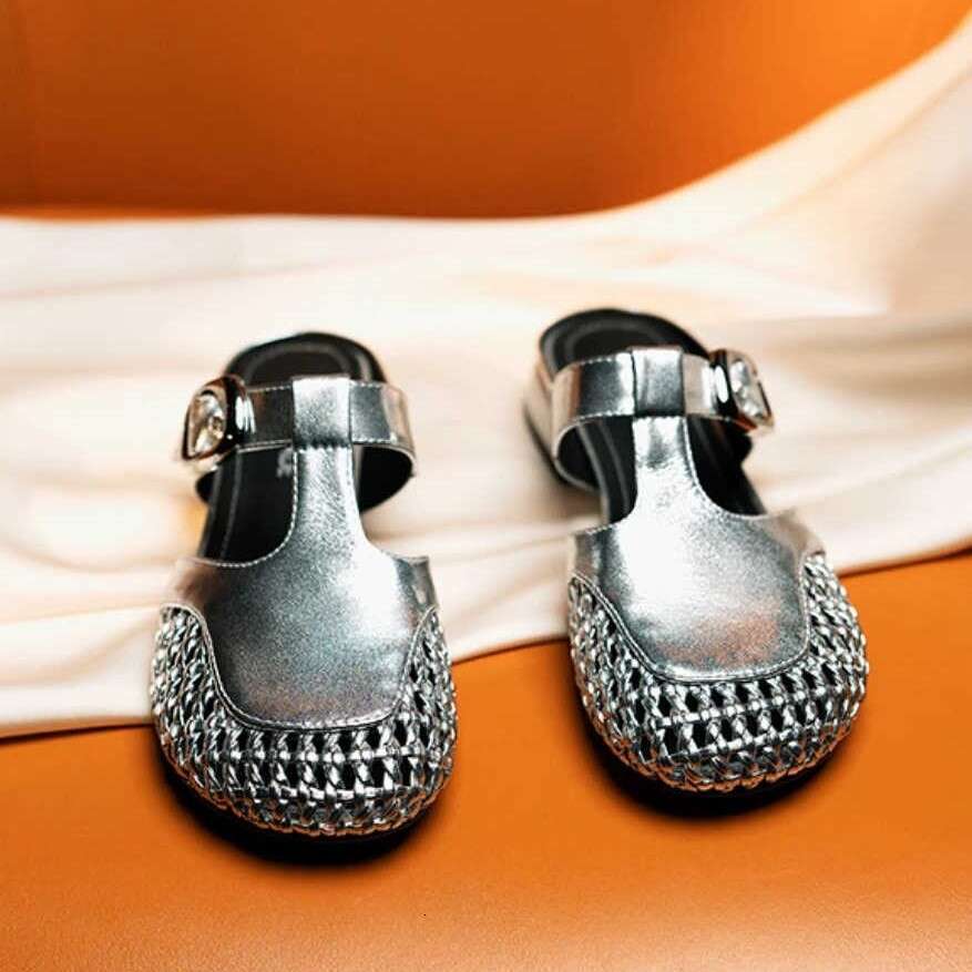 2025 New Genuine Leather Handmade Casual Versatile Fashion Hollow Mesh Flat T-Strap Closed-Toe Sandals for Women