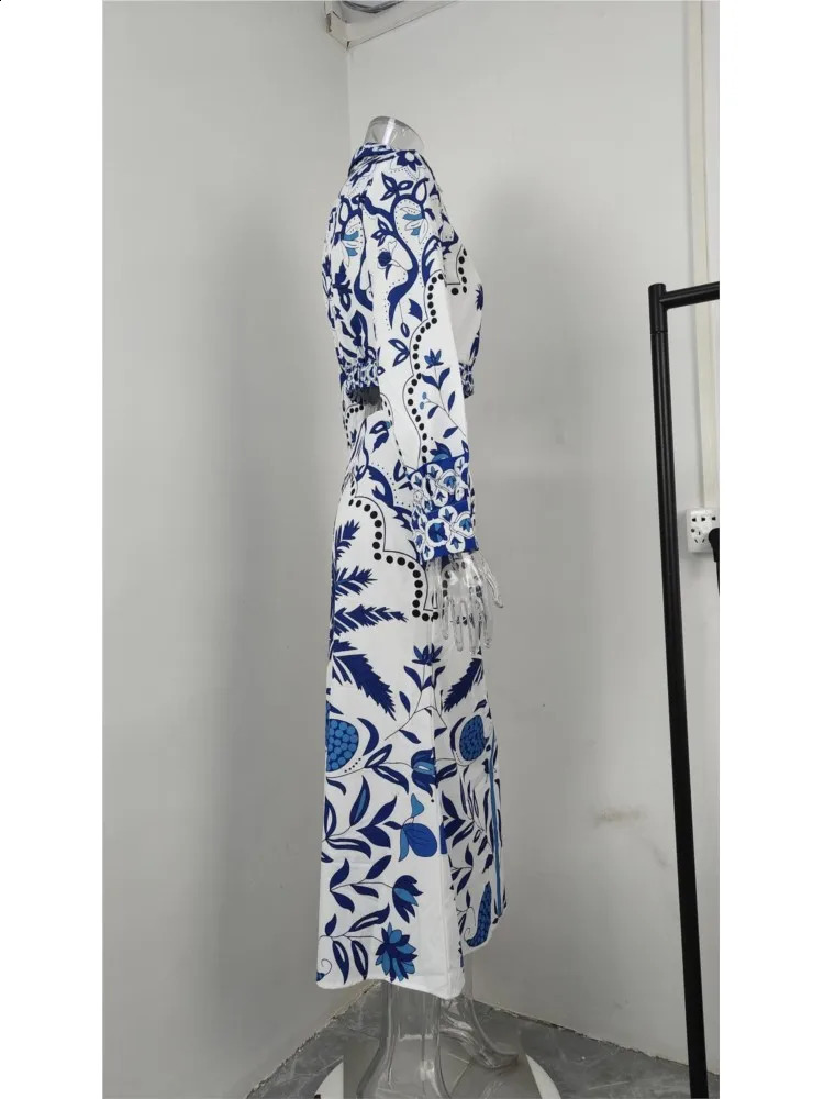 2025 Women Printed Two Piece Set Fashion Elegant Vintage V-neck Long Sleeve Cropped Top And High Waist Midi Skirt 2 Piece Sets 250728