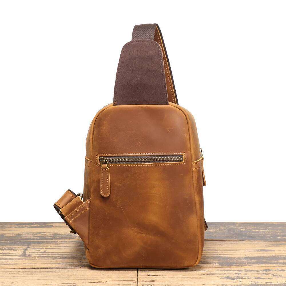 LUOKIR New Vintage Men's Chest Crazy Horse Leather Casual Crossbody Backpack Cowhide Large Capacity Shoulder Bag 250731