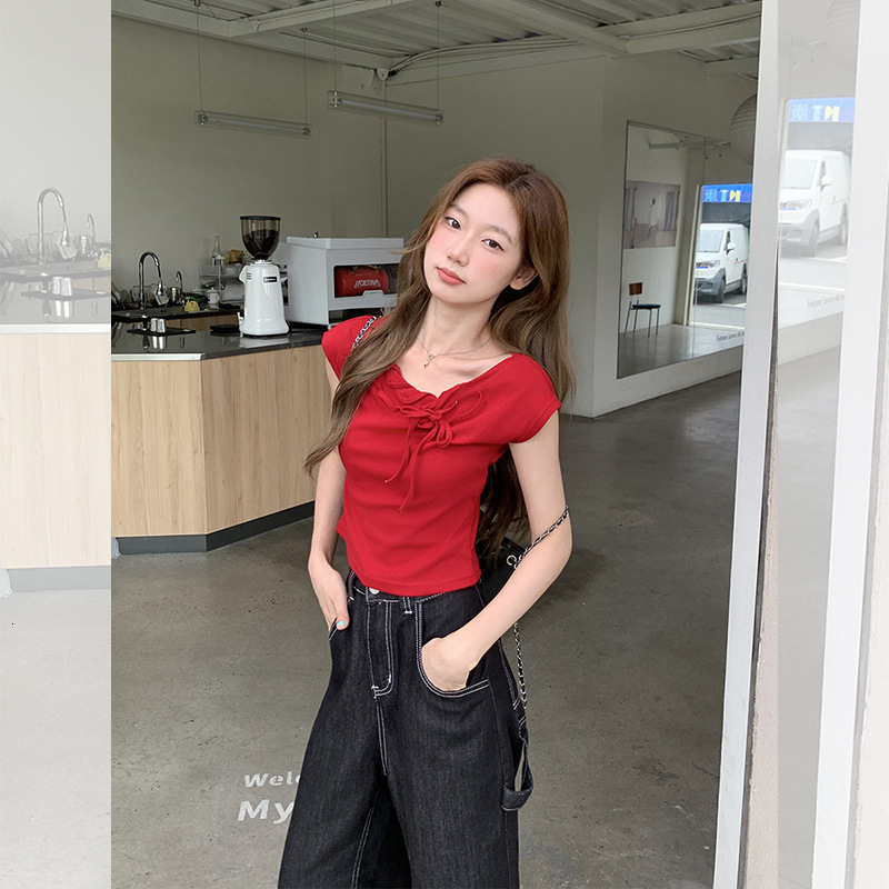 2025 American retro lace up off shoulder short sleeved T-shirt summer new slim fit top new designer T-shirt