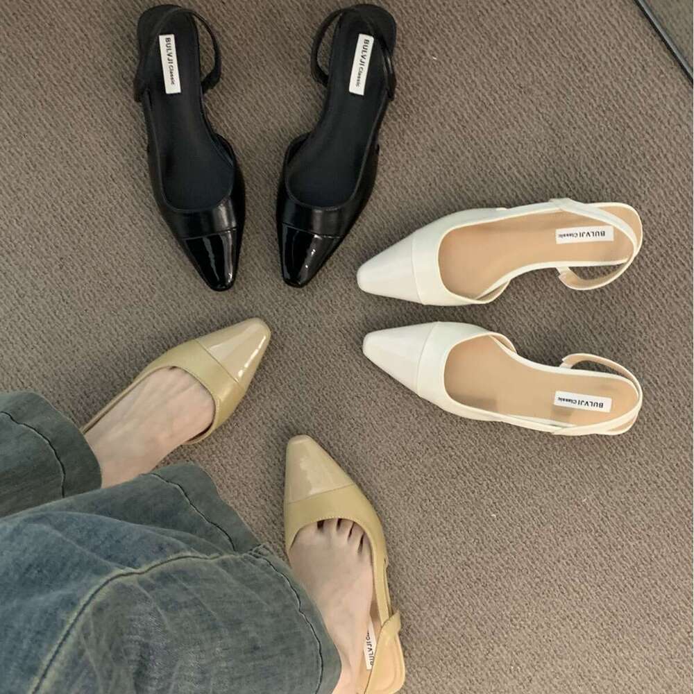 Pointed Toe Sandals Women, French Gentle designer shoes Evening Nude Color, Small Fragrance Style, Elegant Chunky Heel, Backless, Airy Single Shoes fo