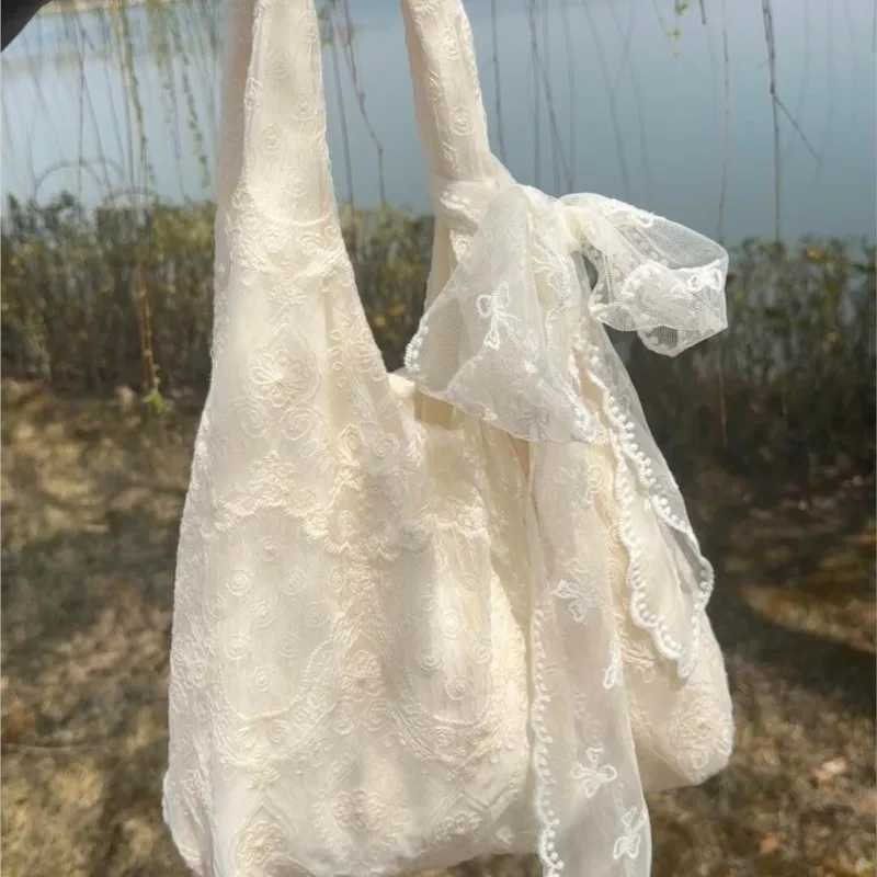 JIAERDI Fairycore Aesthetic White Handbag Women 2025 Summer Sweet Lace Bow Shoulder Bags Ladies Large Capacity Underarm Bag Y2k Y250730