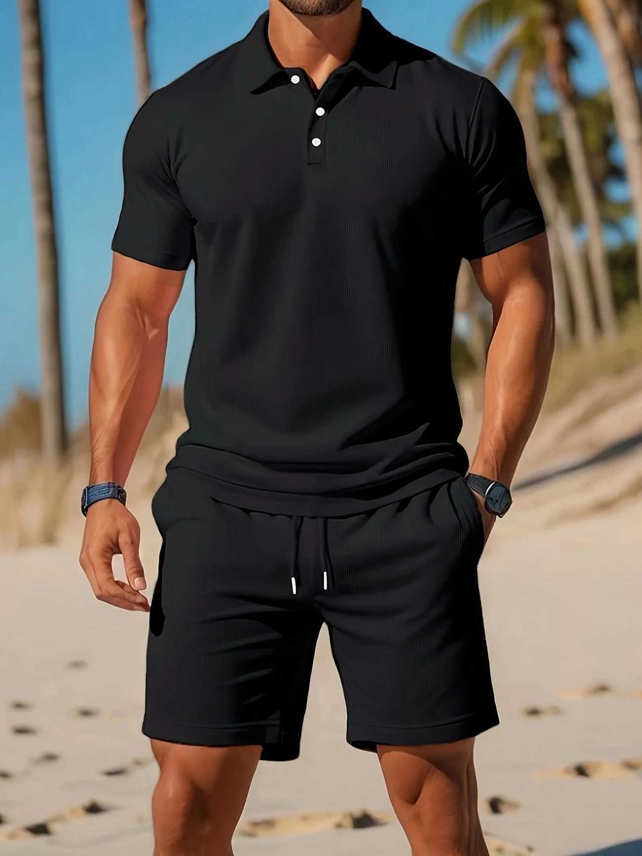 New Mens Business Casual Beach Sports Two-piece Set Drawstring Elastic Waist Sports Shorts Set Button Access Control Lapel Tops XJ250731