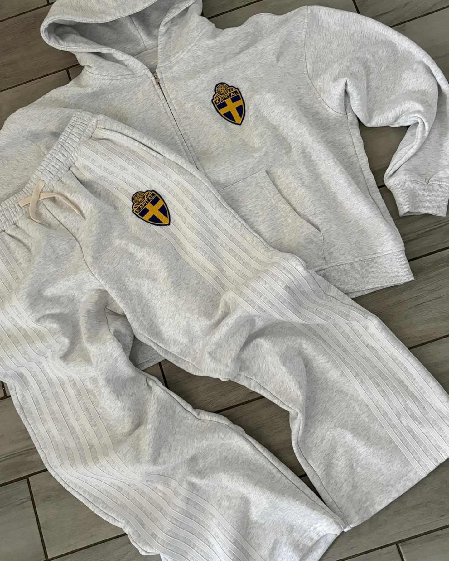 Zip Hoodie Sweatpants Suit Y2K Mens Clothes Two Piece Set Retro Gray Hip Hop Stripes Embroidered Sweatshirt Casual Pants Suit XJ250731