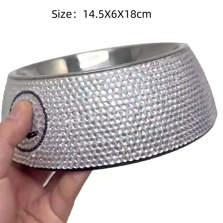 Dog Bowls Stainless Steel Pet Bowls with Bling Rhinestones Pet Diamond Bowls Food Water Feeder with Non-Skid Rubber Base for Puppy Cats Dogs CH319