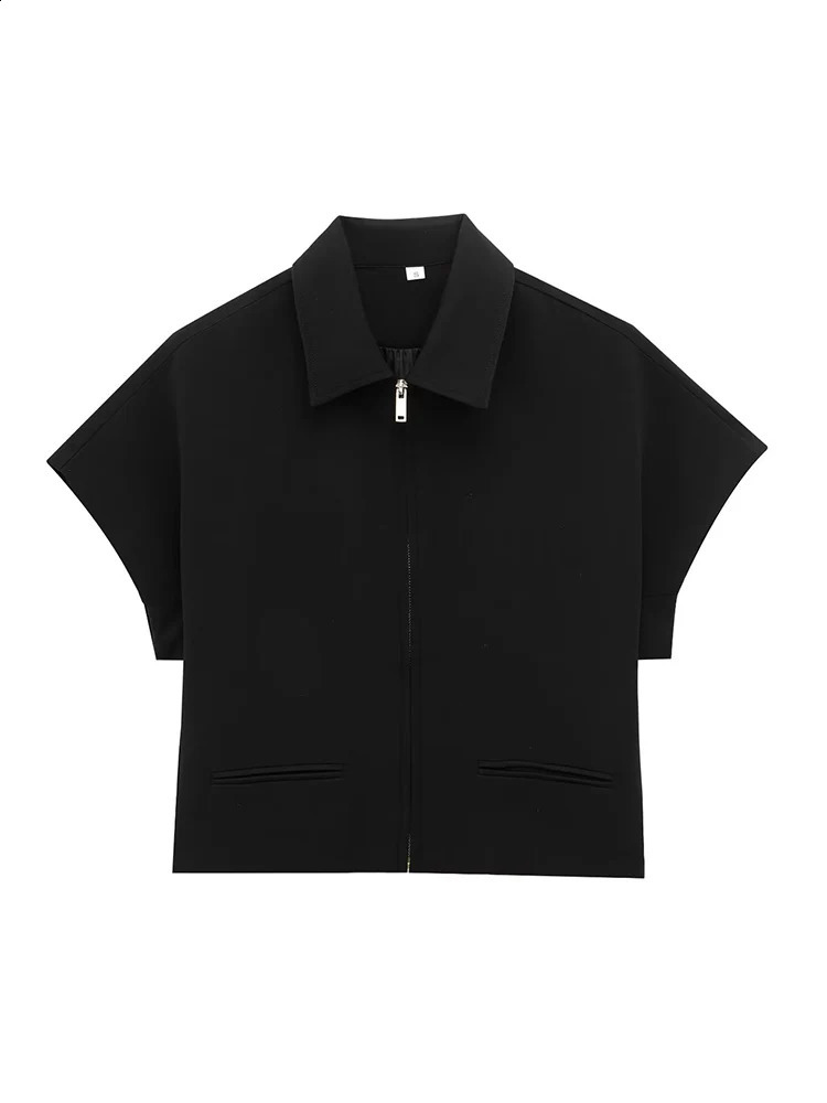 TFMLN Casual Set For Women Summer 2025 Slim Lapel Zipper Short Sleeve Coat Top Wide Leg Pants Two Piece Leisure Black 250724