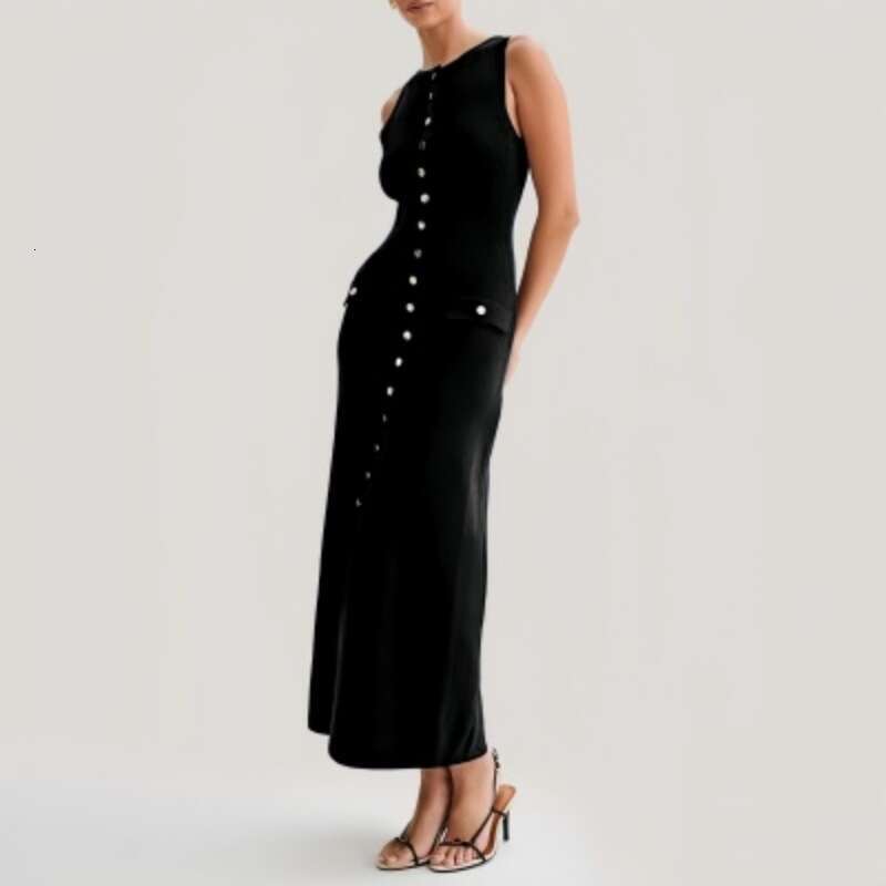 Women's Metal Buckle Decorated Knitted Round Neck Sleeveless Single-Breasted Long Dress