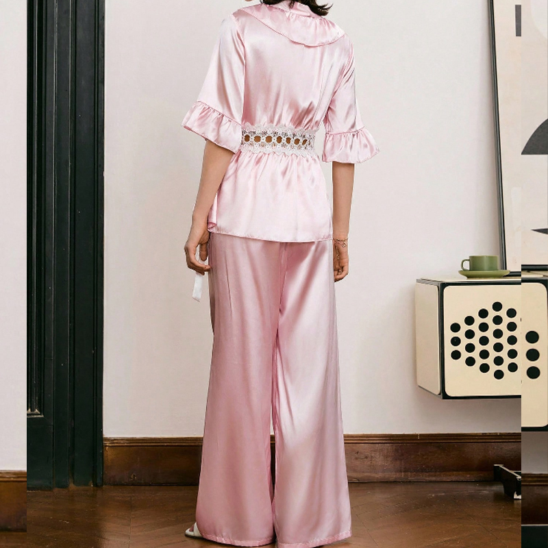 2025 New Women's Spring/Summer Silk Color Lace Openwork Tie-up Short Sleeve Long Pants Pajama Set Homewear