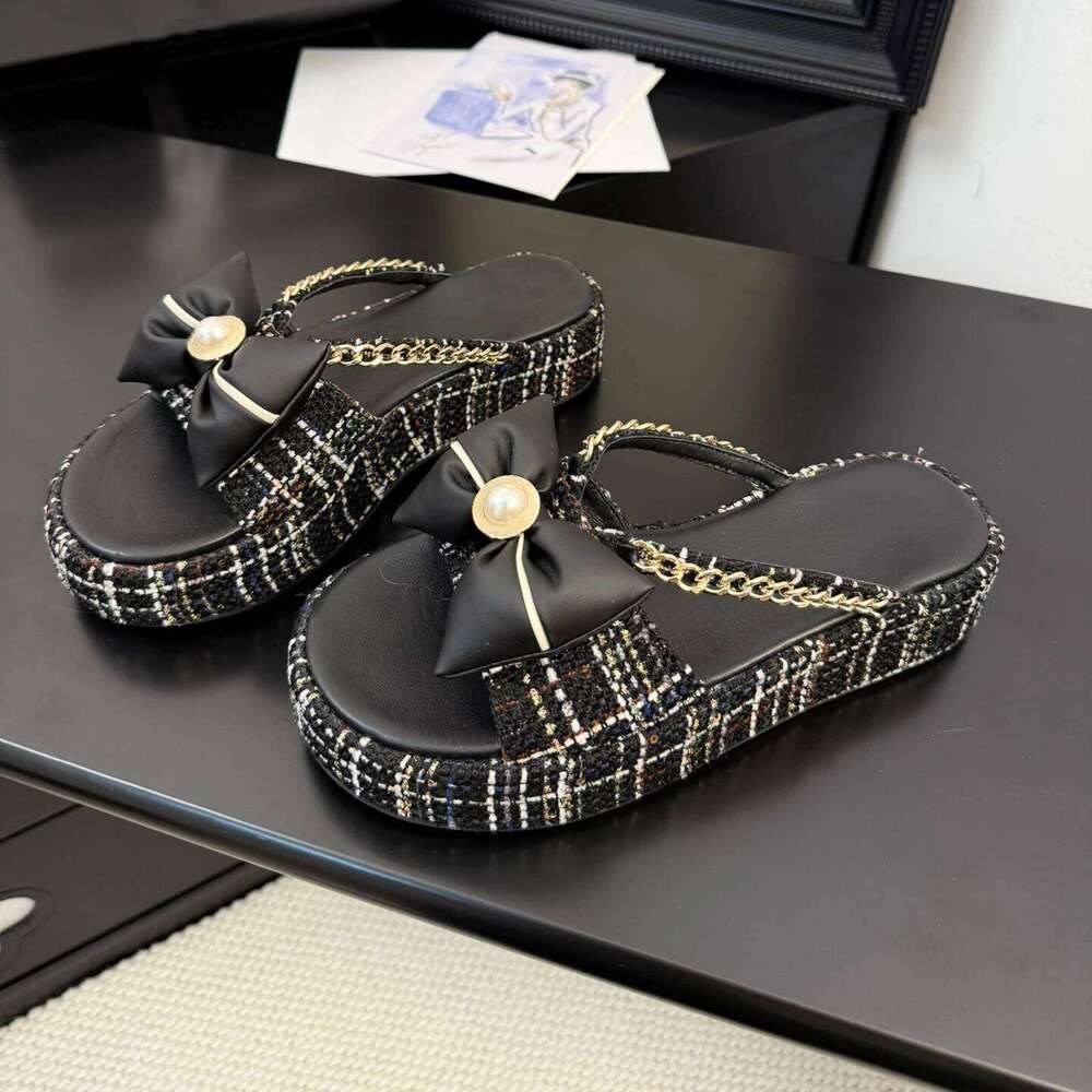 Women Size34-41 Flip-Flops Chain Pearls Butterfly Knot Slippers Flat Platform Slides Designer Shoes Zapatillas De Mujer 9c1