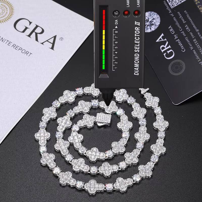 Iced Out Cross Design 10mm Vvs Moissanite White Gold Plated 925 Silver Tennis Chain Necklace Rapper Hip Hop Jewelry